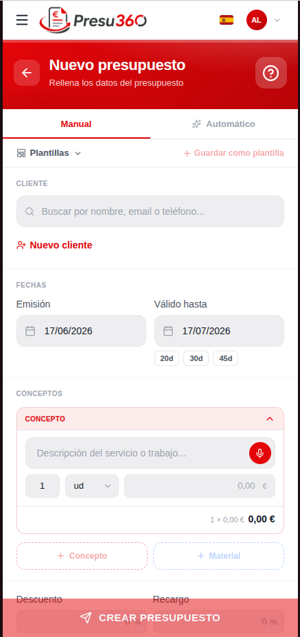 Crear presupuesto en Presu360